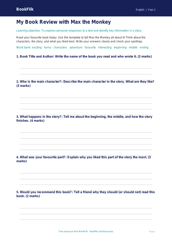 Free Reading Comprehension Template | Year 1 | English | BookFlik worksheet preview — English Reading Comprehension