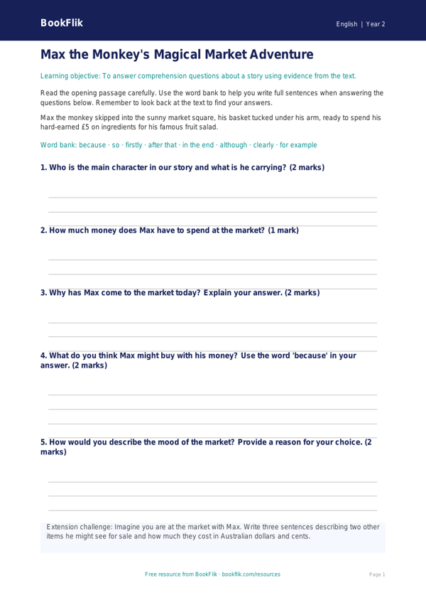 Free Reading Comprehension Writing Frame | Year 2 | English | BookFlik worksheet preview — English Reading Comprehension