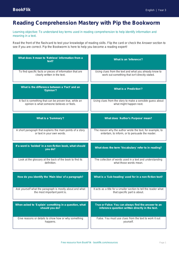 Free Reading Comprehension Flashcards | Year 3 | English | BookFlik worksheet preview — English Reading Comprehension