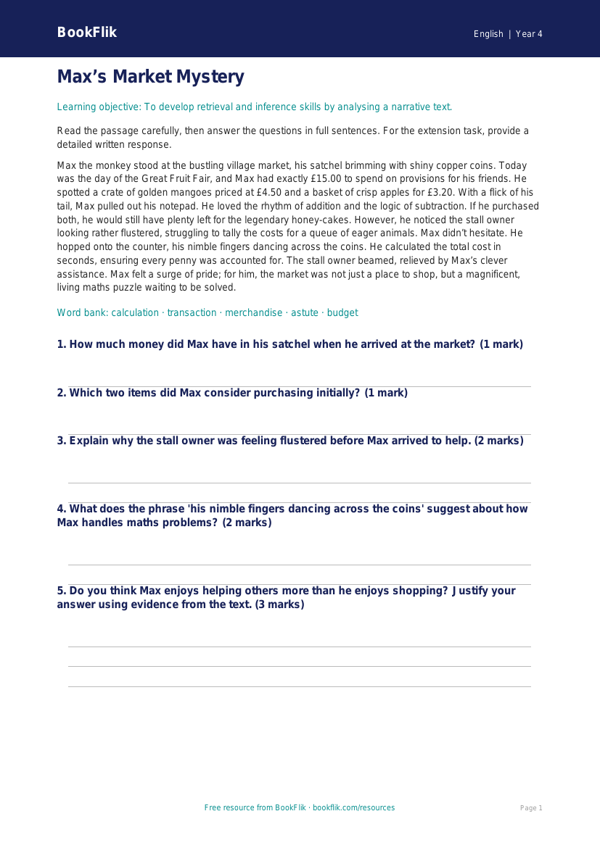 Year 4 Reading Comprehension Worksheets | Australian Curriculum | BookFlik worksheet preview — English Reading Comprehension