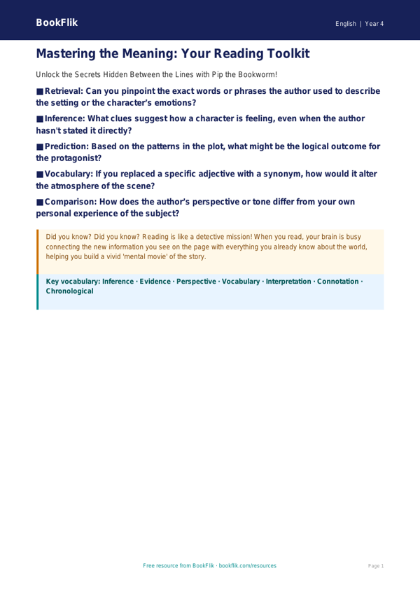 Free Reading Comprehension Poster | Year 4 | English | BookFlik worksheet preview — English Reading Comprehension
