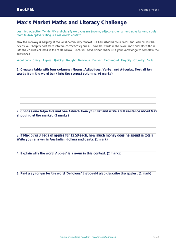Free Reading Comprehension Activity Sheet | Year 5 | English | BookFlik worksheet preview — English Reading Comprehension