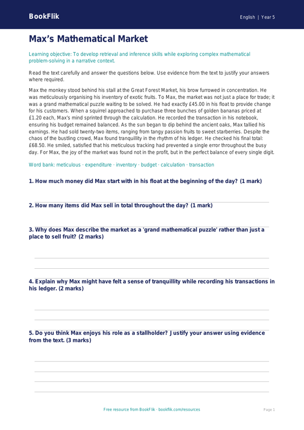 Year 5 Reading Comprehension Activities | Australian Curriculum | BookFlik worksheet preview — English Reading Comprehension