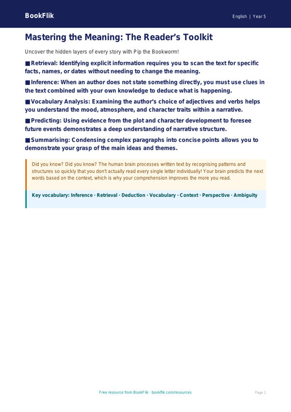 Free Reading Comprehension Poster | Year 5 | English | BookFlik worksheet preview — English Reading Comprehension