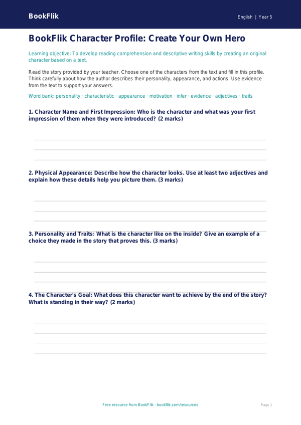Free Reading Comprehension Template | Year 5 | English | BookFlik worksheet preview — English Reading Comprehension