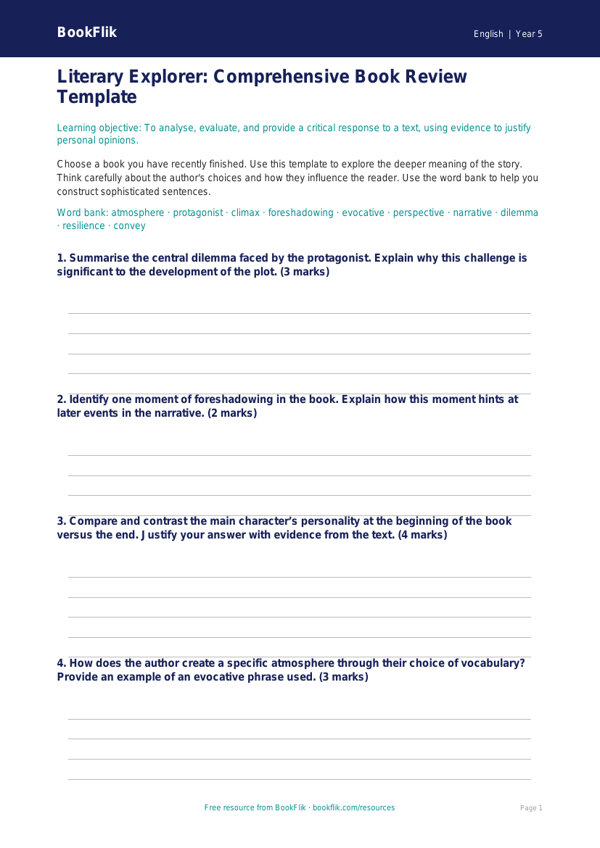 Free Reading Comprehension Template | Year 5 | English | BookFlik worksheet preview — English Reading Comprehension