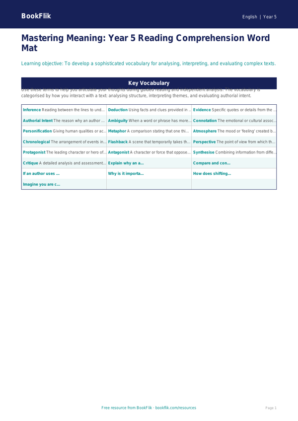 Free Reading Comprehension Word Mat | Year 5 | English | BookFlik worksheet preview — English Reading Comprehension