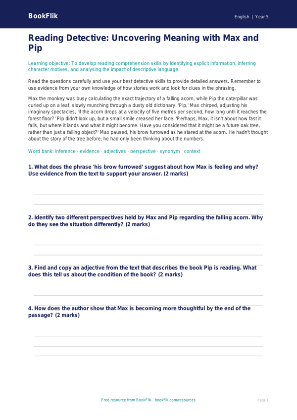 Free Reading Comprehension Worksheet | Year 5 | English | BookFlik worksheet preview — English Reading Comprehension