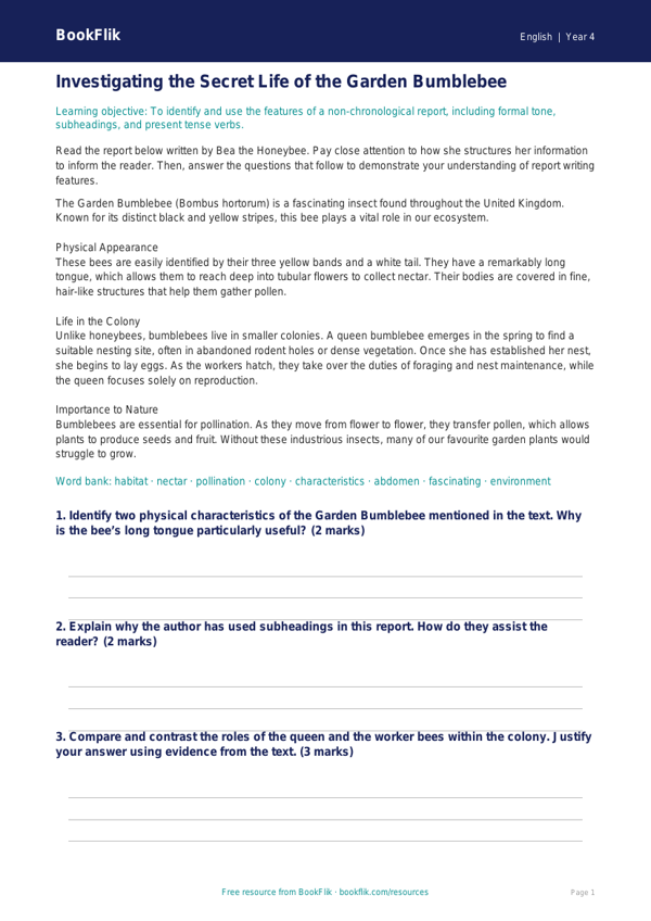 Free Report Writing Track Sheet | Year 4 | English | BookFlik worksheet preview — English Report Writing