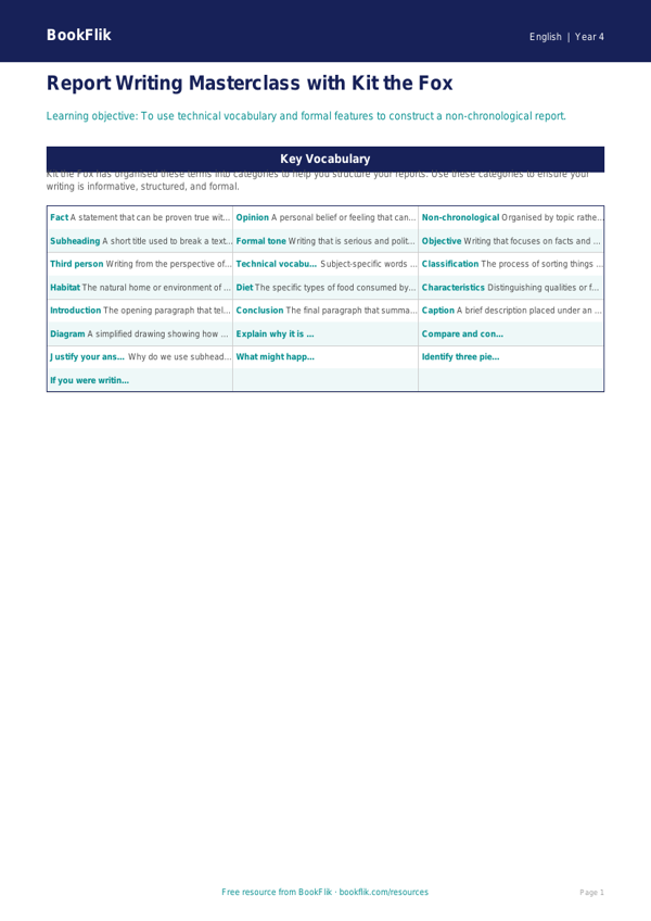 English report writing word mat year 4 greater depth worksheet preview — English Report Writing