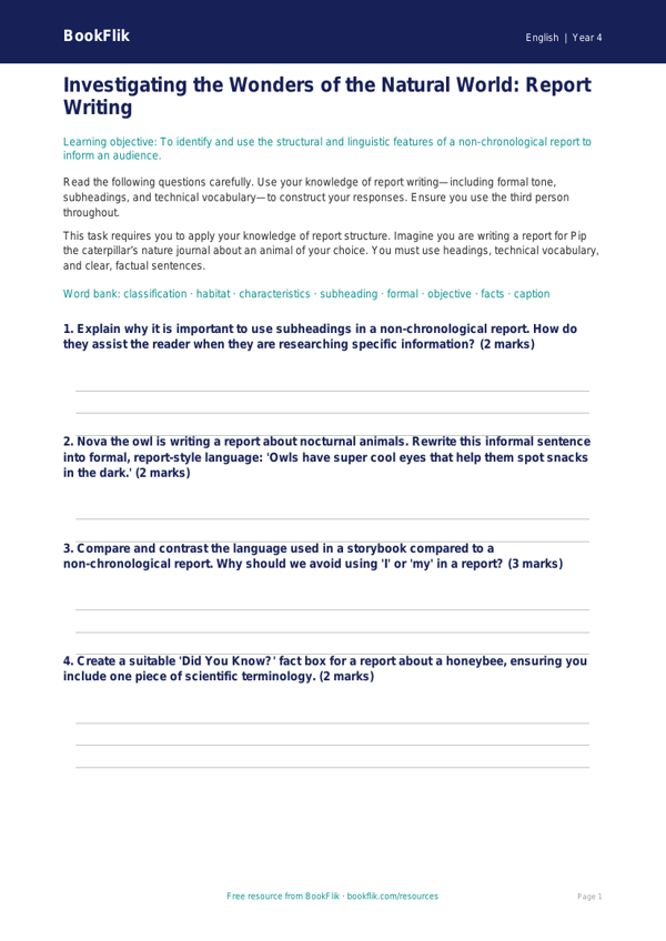 Free Report Writing Worksheet | Year 4 | English | BookFlik worksheet preview — English Report Writing