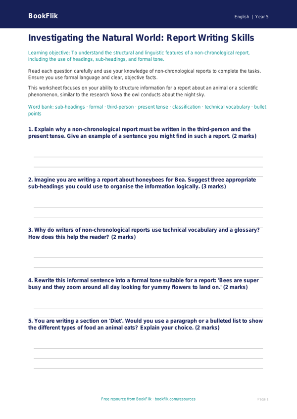 Free Report Writing Worksheet | Year 5 | English | BookFlik worksheet preview — English Report Writing