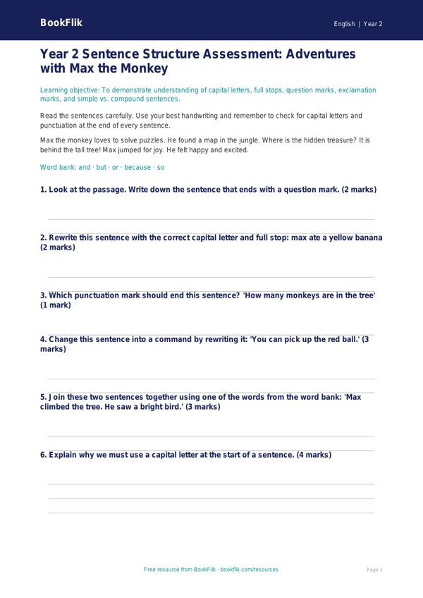 Free Sentence Structure Assessment | Year 2 | English | BookFlik worksheet preview — English Sentence Structure