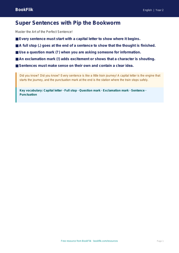 Free Sentence Structure Poster | Year 2 | English | BookFlik worksheet preview — English Sentence Structure
