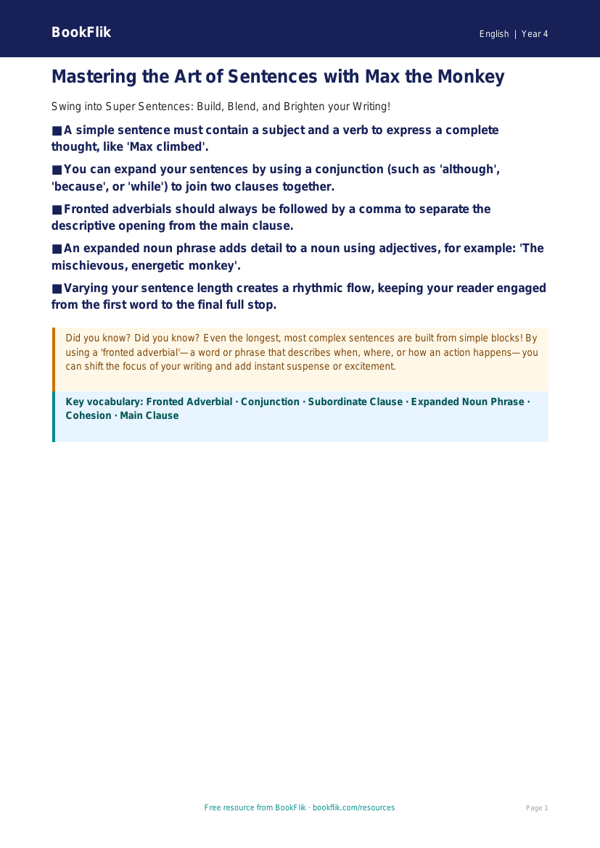 Free Sentence Structure Poster | Year 4 | English | BookFlik worksheet preview — English Sentence Structure