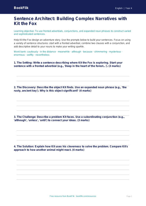Free Sentence Structure Template | Year 4 | English | BookFlik worksheet preview — English Sentence Structure
