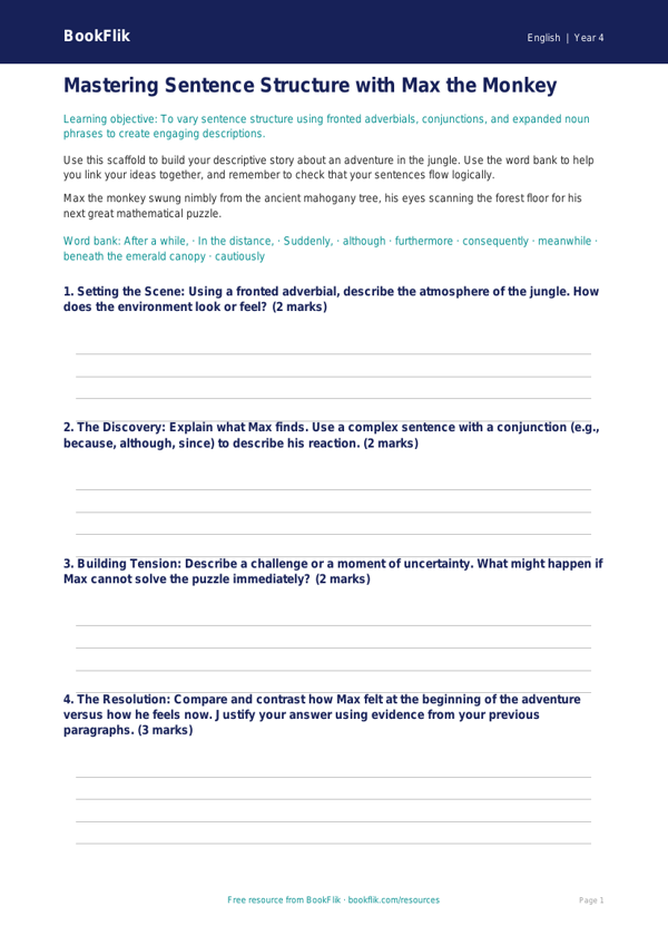 Free Sentence Structure Writing Frame | Year 4 | English | BookFlik worksheet preview — English Sentence Structure