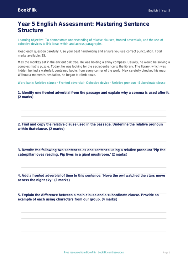 Free Sentence Structure Assessment | Year 5 | English | BookFlik worksheet preview — English Sentence Structure