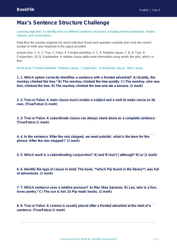 Free Sentence Structure Quiz | Year 5 | English | BookFlik worksheet preview — English Sentence Structure