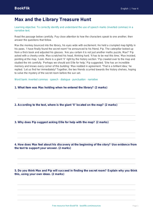 Free Speech Marks Comprehension | Year 4 | English | BookFlik worksheet preview — English Speech Marks