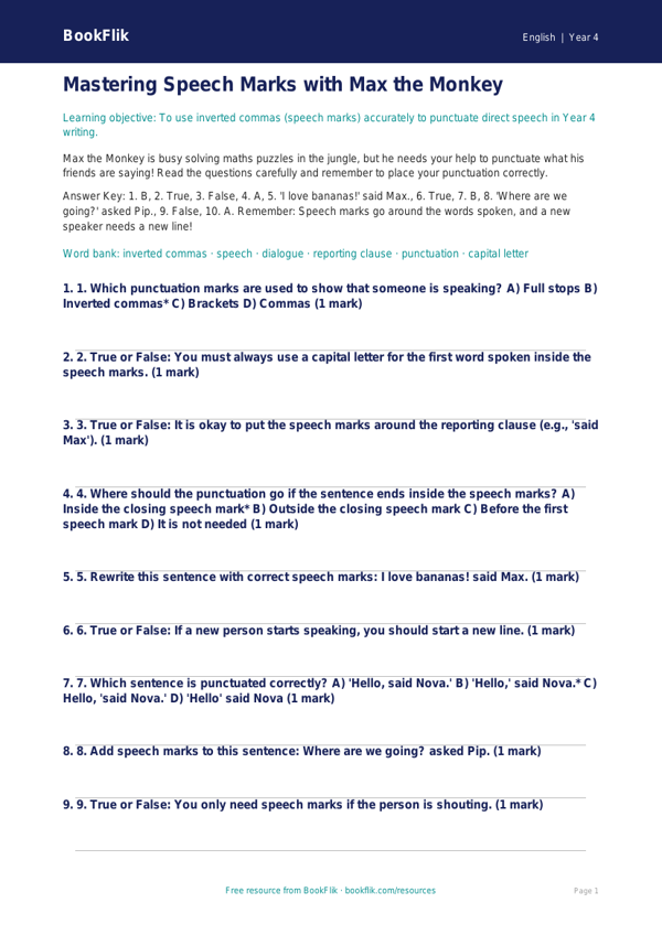 Free Speech Marks Quiz | Year 4 | English | BookFlik worksheet preview — English Speech Marks