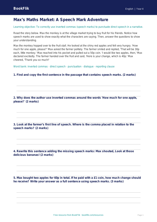 Free Speech Marks Track Sheet | Year 4 | English | BookFlik worksheet preview — English Speech Marks