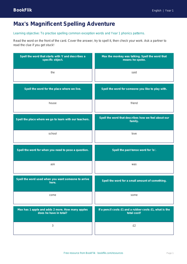 Free Spelling Flashcards | Year 1 | English | BookFlik worksheet preview — English Spelling
