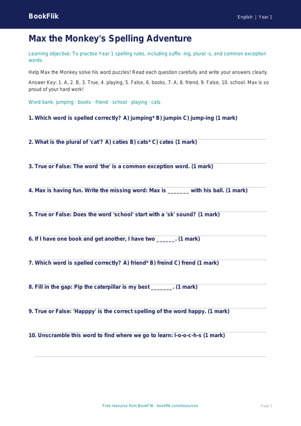 Free Spelling Quiz | Year 1 | English | BookFlik worksheet preview — English Spelling