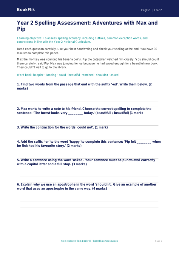 Free Spelling Assessment | Year 2 | English | BookFlik worksheet preview — English Spelling
