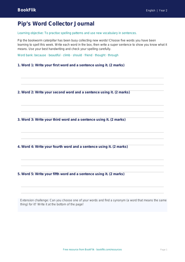Free Spelling Template | Year 2 | English | BookFlik worksheet preview — English Spelling