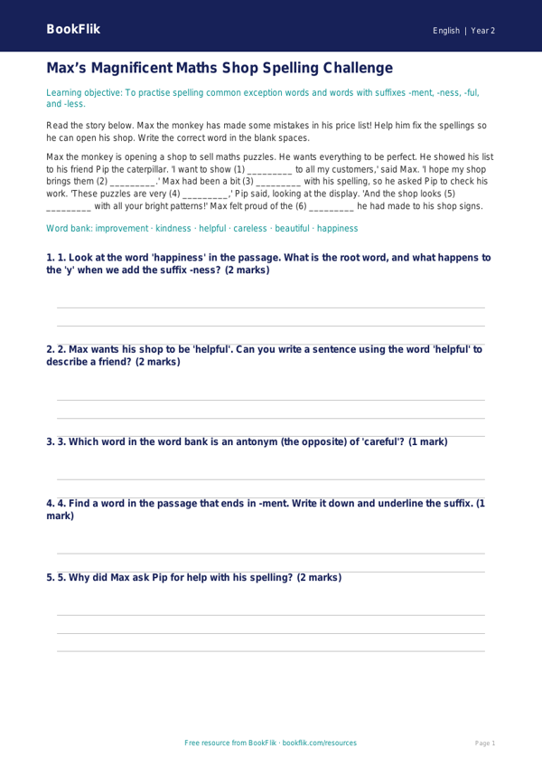 Free Spelling Track Sheet | Year 2 | English | BookFlik worksheet preview — English Spelling