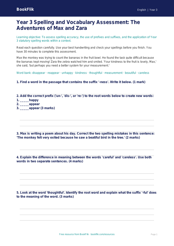 Free Spelling Assessment | Year 3 | English | BookFlik worksheet preview — English Spelling