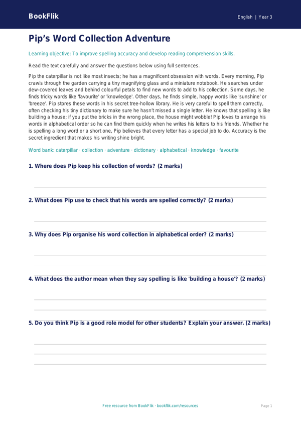 Free Spelling Comprehension | Year 3 | English | BookFlik worksheet preview — English Spelling