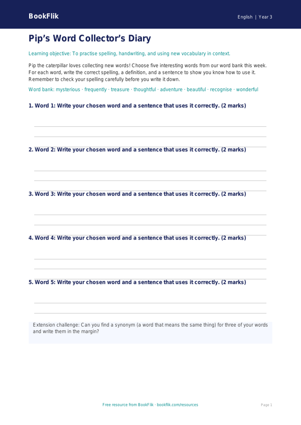 Free Spelling Template | Year 3 | English | BookFlik worksheet preview — English Spelling