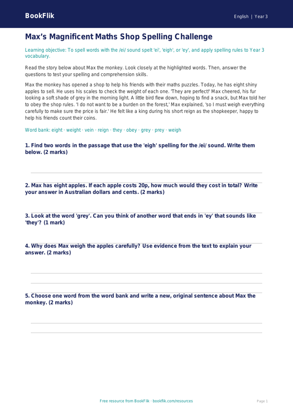 Free Spelling Track Sheet | Year 3 | English | BookFlik worksheet preview — English Spelling