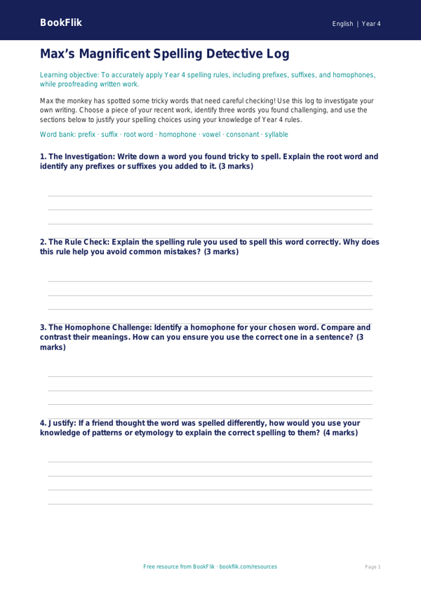 English spelling template year 4 greater depth worksheet preview — English Spelling