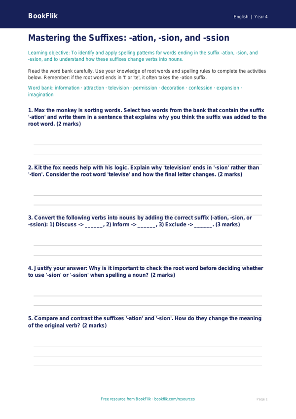 Free Spelling Worksheet | Year 4 | English | BookFlik worksheet preview — English Spelling