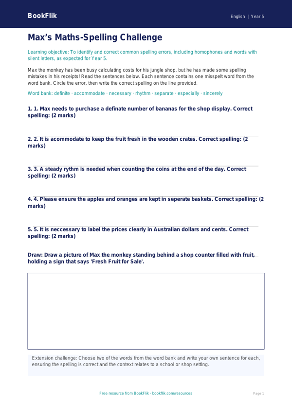 Free Spelling Activity Sheet | Year 5 | English | BookFlik worksheet preview — English Spelling