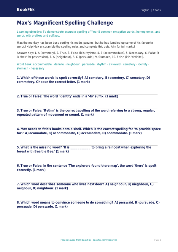 Year 5 Spelling Quiz: Advanced English Challenges | BookFlik worksheet preview — English Spelling