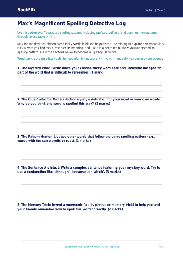 Free Spelling Template | Year 5 English | BookFlik worksheet preview — English Spelling