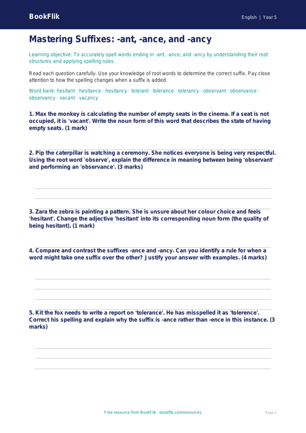 Free Spelling Worksheet | Year 5 | English | BookFlik worksheet preview — English Spelling