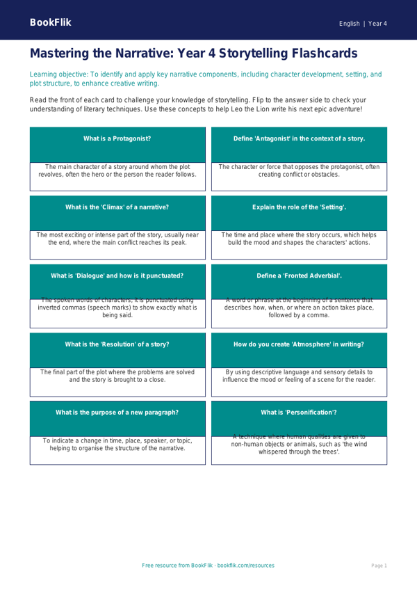 Stories Flashcards | Year 4 English Resources | BookFlik worksheet preview — English Stories