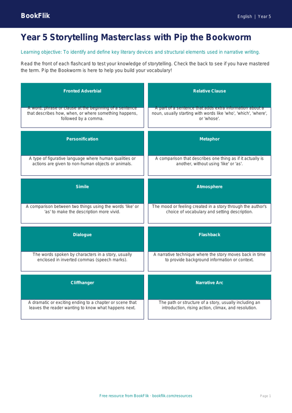 Stories Flashcards | Year 5 English | BookFlik Australia worksheet preview — English Stories