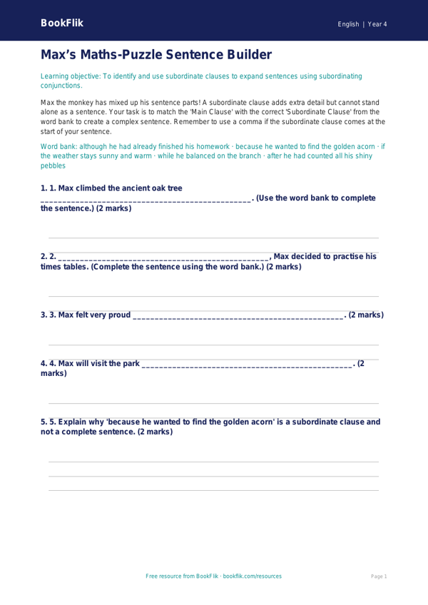 Free Subordinate Clauses Activity Sheet | Year 4 | English | BookFlik worksheet preview — English Subordinate Clauses