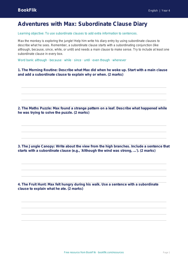English subordinate clauses template year 4 core worksheet preview — English Subordinate Clauses