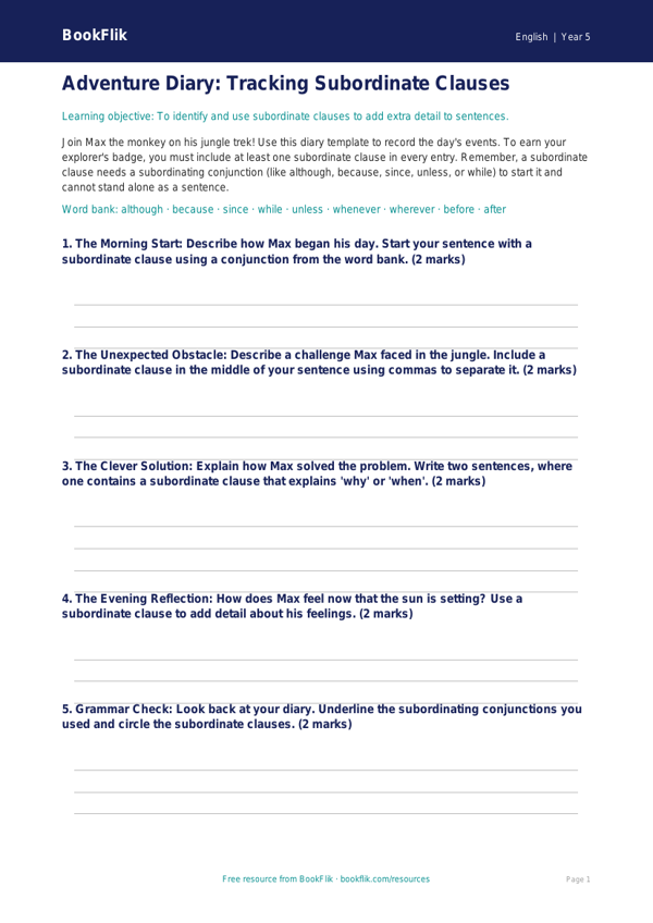 Free Subordinate Clauses Template | Year 5 | English | BookFlik worksheet preview — English Subordinate Clauses