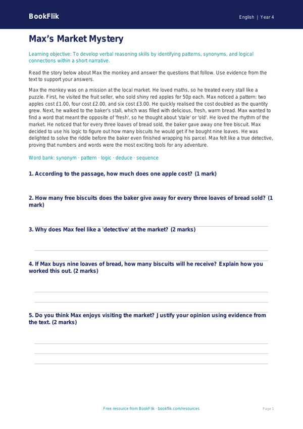 Free Verbal Reasoning Comprehension | Year 4 | English | BookFlik worksheet preview — English Verbal Reasoning