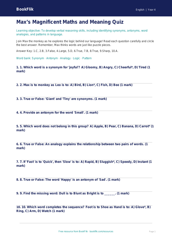Verbal Reasoning Quiz Year 4 Free | Australian Curriculum | BookFlik worksheet preview — English Verbal Reasoning