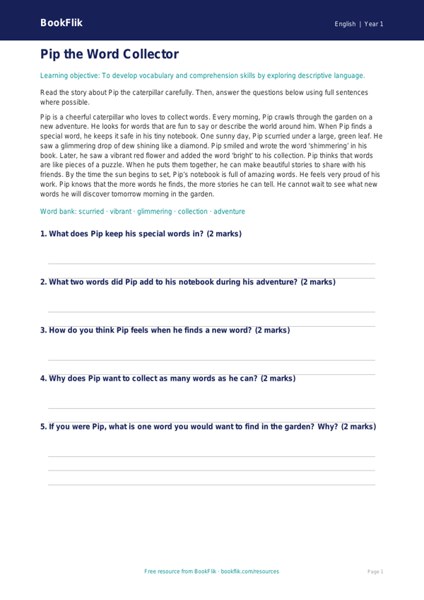 Free Vocabulary Comprehension | Year 1 | English | BookFlik worksheet preview — English Vocabulary
