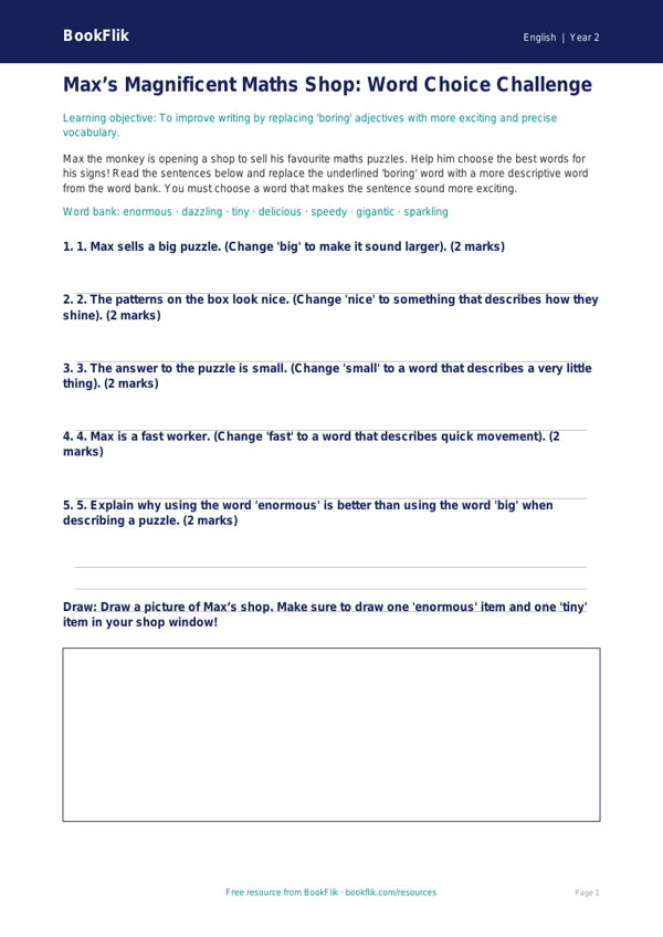 Free Vocabulary Activity Sheet | Year 2 | English | BookFlik worksheet preview — English Vocabulary